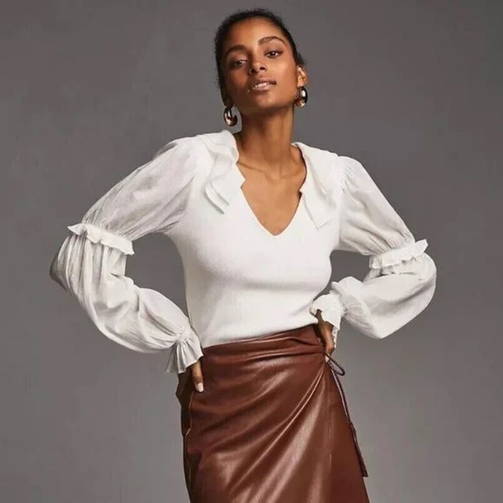Anthropologie White Blouse with Ruffle Details
